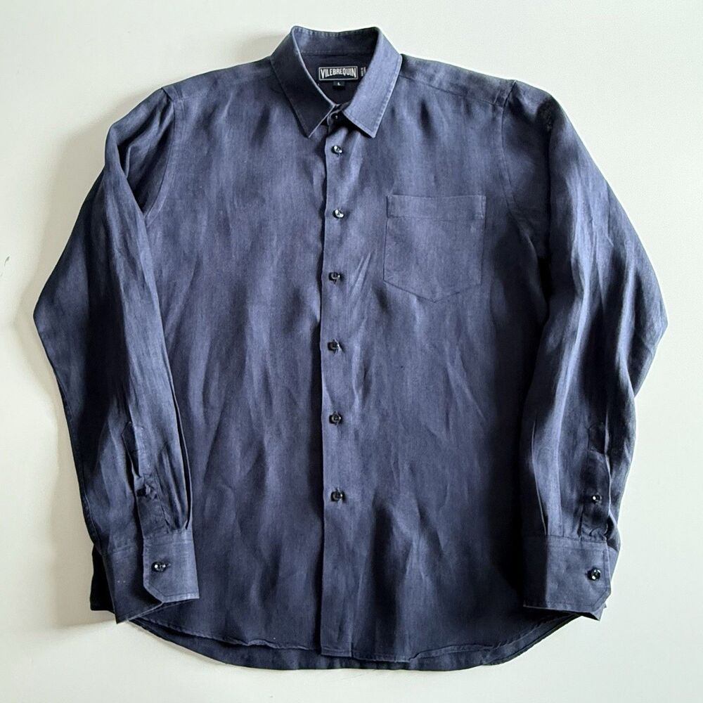 Vilebrequin Button-Up Long Sleeve Shirt Men's Large Blue Linen Coastal Tropical - Picture 8 of 16